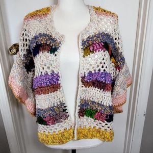 Anthropologie+ crochet cardigan sweater hand knit multi stripe crop shawl